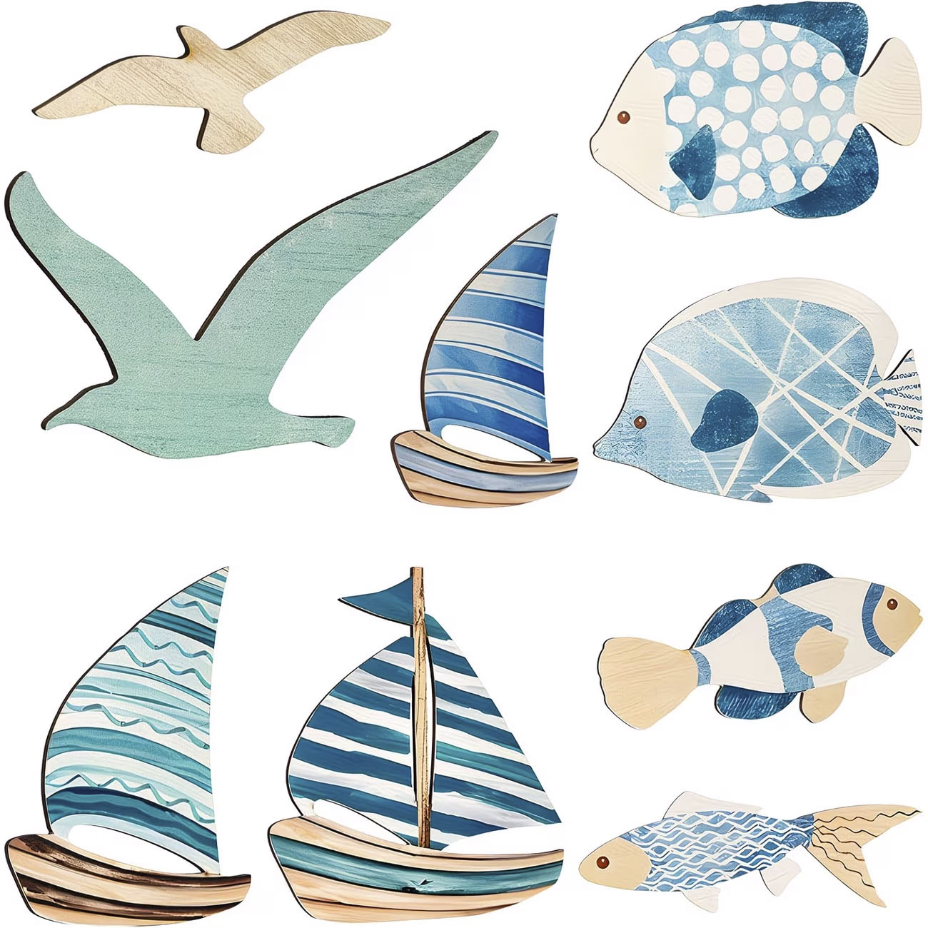 Home Decor Nautical - 9Pcs Tropical Fish Seagull Sailboat Wooden
