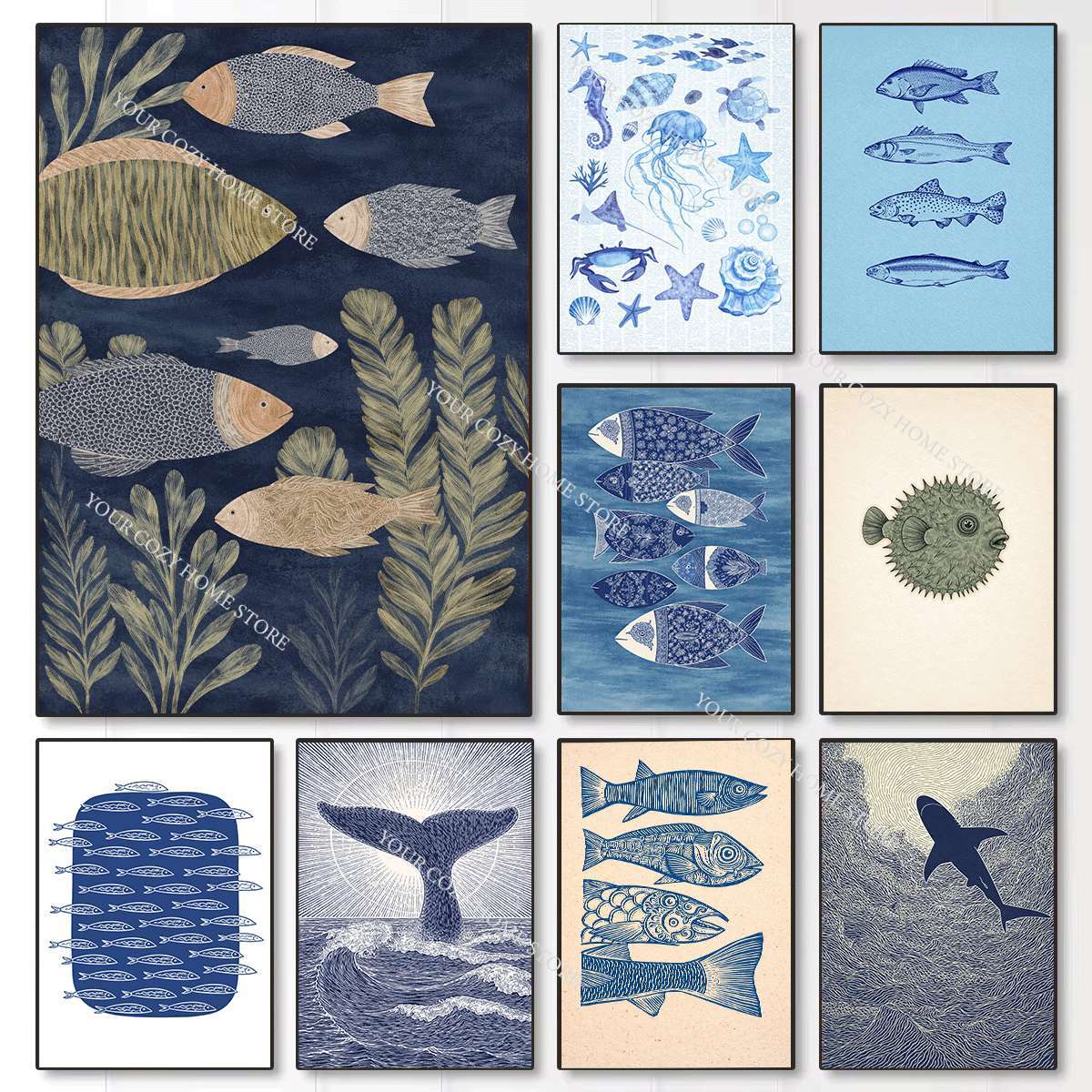 Home Decor Nautical - Minimalist Nautical Fish and Waves Art
