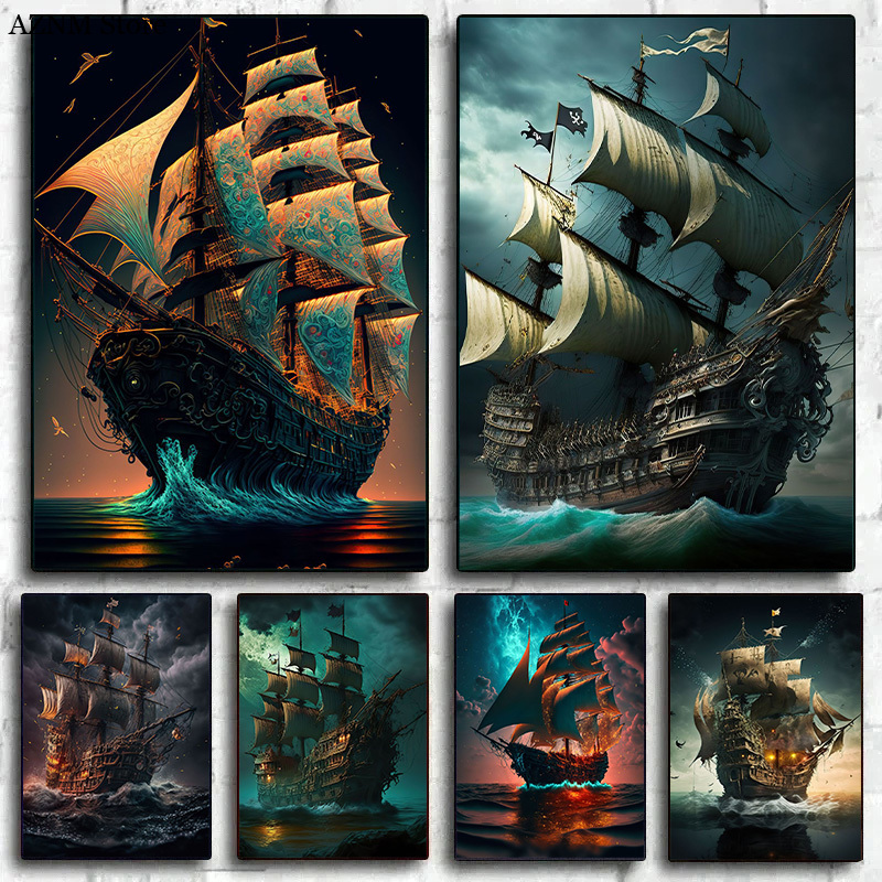 Abstract Pirate Ship Sea Moon  - Home Decor Nautical 评论和价格