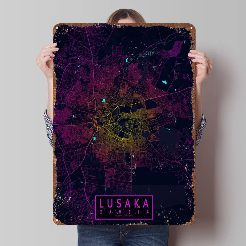 Lusaka City Map Zambia Neon Po - Home Decor Zambia 评论和价格
